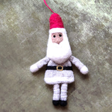 Grey felt Santa with striped stockings Christmas tree decoration hand made in Nepal under Fair Trade conditions for Namaste.