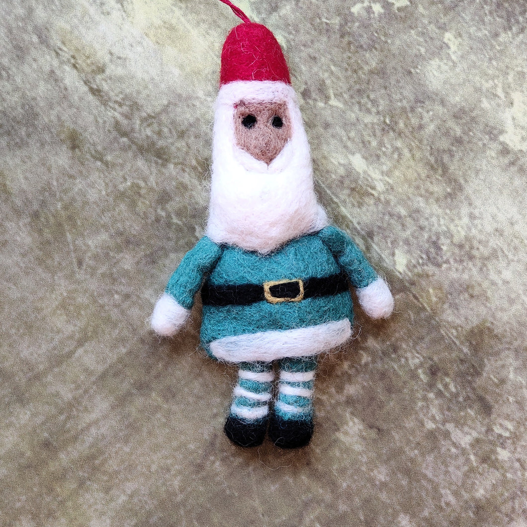 Green felt Santa with striped stockings Christmas tree decoration hand made in Nepal under Fair Trade conditions for Namaste.