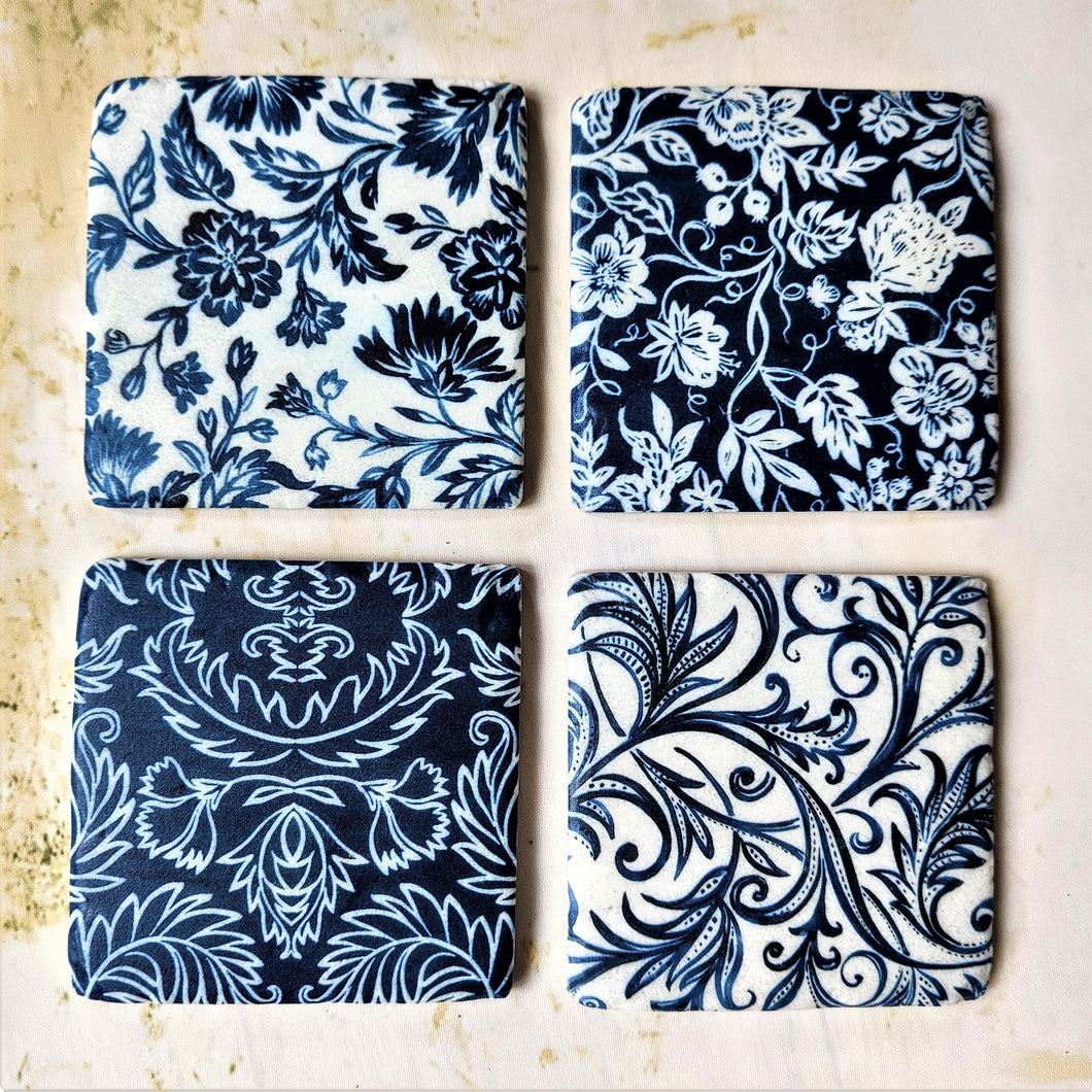Indigo wallpaper coasters ~ Set of four ~ Gisela Graham