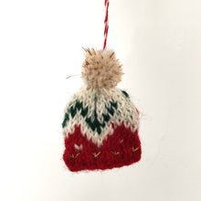 Wool bobble hat Christmas tree decoration.  Fair Trade.  Made in Nepal for Namaste.  Available in red or blue.