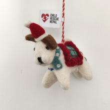 Felt dog in Santa hat Christmas tree decoration.  Made in Nepal.  Fair Trade for Namaste.