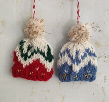 Wool bobble hat Christmas tree decoration.  Fair Trade.  Made in Nepal for Namaste.  Available in red or blue.