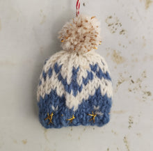 Wool bobble hat Christmas tree decoration.  Fair Trade.  Made in Nepal for Namaste.  Available in red or blue.