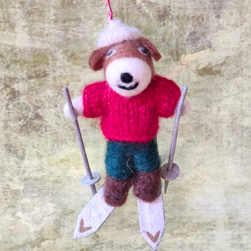 Felt ski-ing bear Christmas tree decoration.  Fair Trade.  Made in Nepal for Namaste.