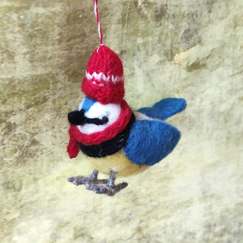 Felt Blue Tit Christmas tree decoration with red bobble hat and scarf.  Fair Trade.  Hand made in Nepal for Namaste