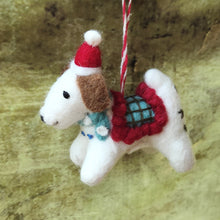 Felt dog in Santa hat Christmas tree decoration.  Made in Nepal.  Fair Trade for Namaste.