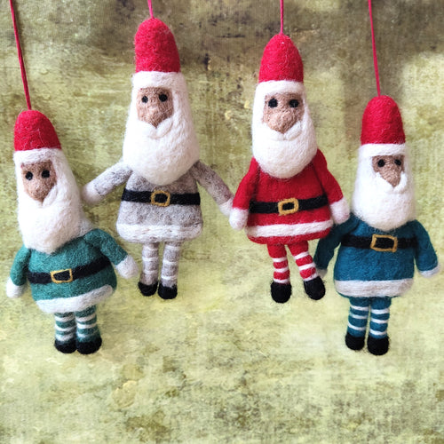 Santa with striped stockings Christmas tree decoration hand made in Nepal under Fair Trade conditions for Namaste.