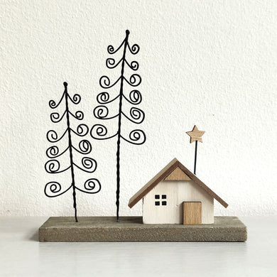 Wooden Christmas House with Spiral Trees