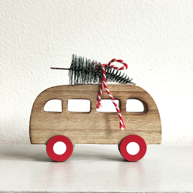 Wooden Camper with Xmas Tree on Roof