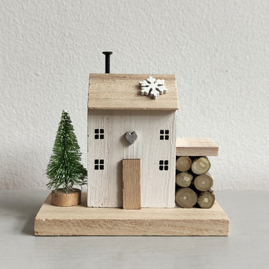 Wooden Christmas House with Logs & Tree