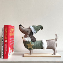 Christmas sausage dog / dachshund wearing a green sweater with a gold star and a festive hat on a light background. By Heaven Sends