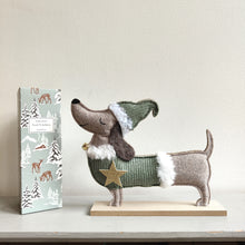 Christmas sausage dog / dachshund wearing a green sweater with a gold star and a festive hat on a light background. By Heaven Sends