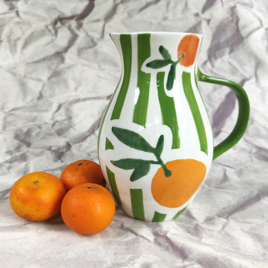 Clementine Stoneware Jug by Gisela Graham with Green Stripe and Orange Clementine Design