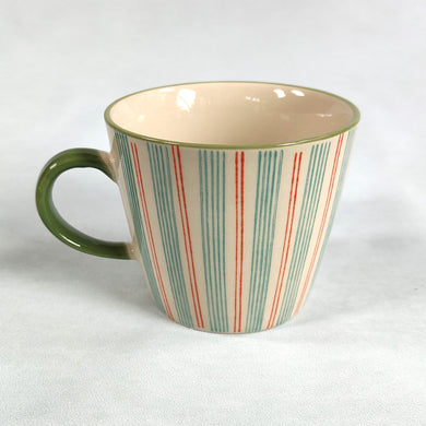 Blue Stripe Stoneware Mug by Gisela Graham ~ Blue and Red Striped Mug with Green Handle