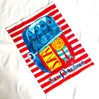 Bright Tea Towel featuring a Tin of Sardines.  By Shoeless Joe