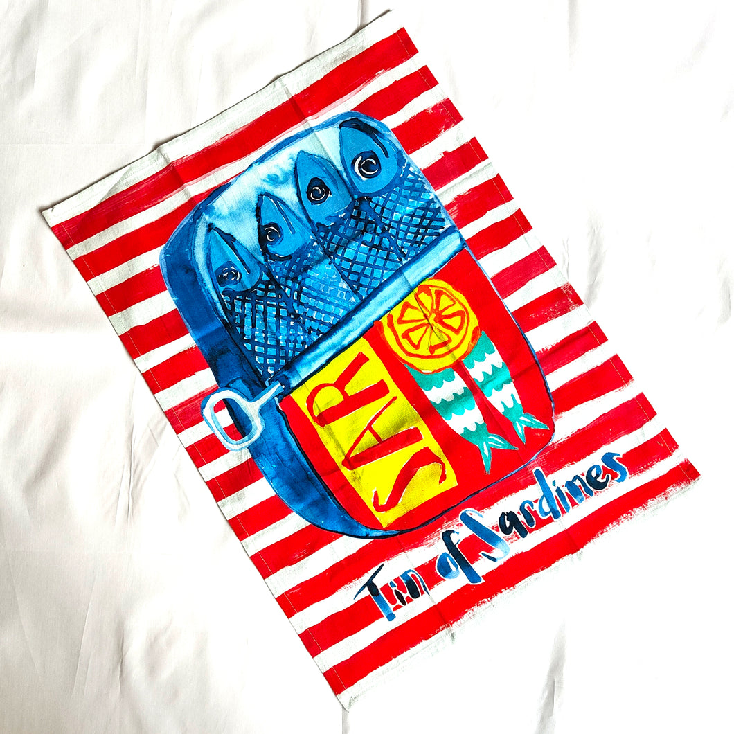 Bright Tea Towel featuring a Tin of Sardines.  By Shoeless Joe