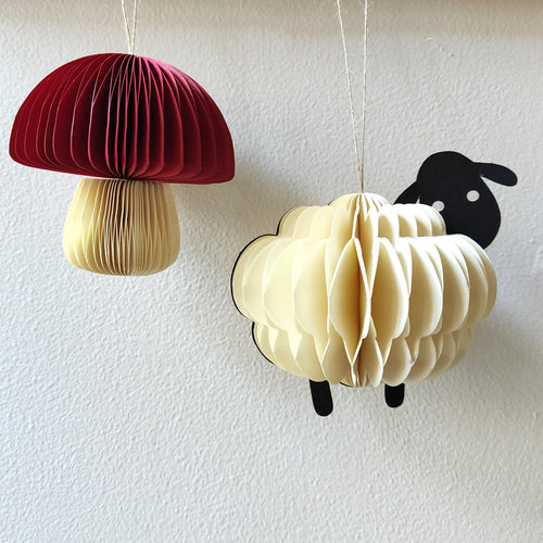Deep Red Honeycomb Mushroom Paper Hanging Decoration & Sheep Honeycomb Paper Hanging Decoration by Sass & Belle