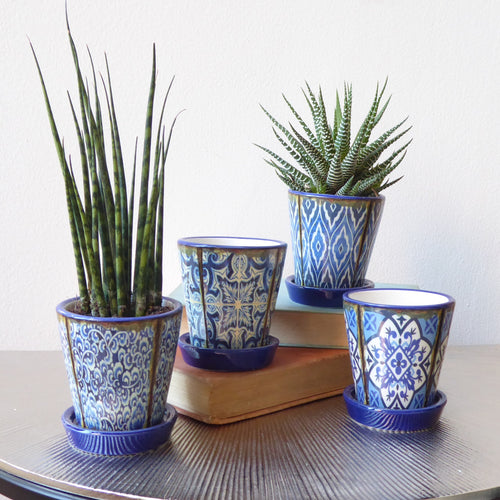 Blue Mini Moorish Pots with Saucer Detail