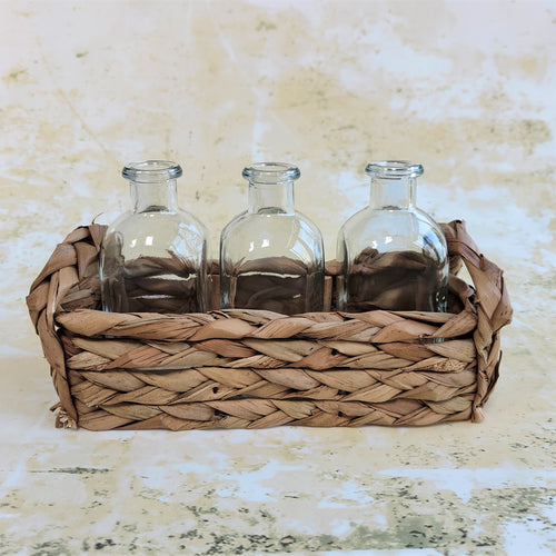 Straw Basket with Three Glass Bottles