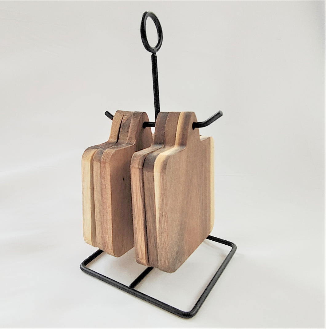 Set of 6 Acacia Wood Coasters with Black Metal Stand